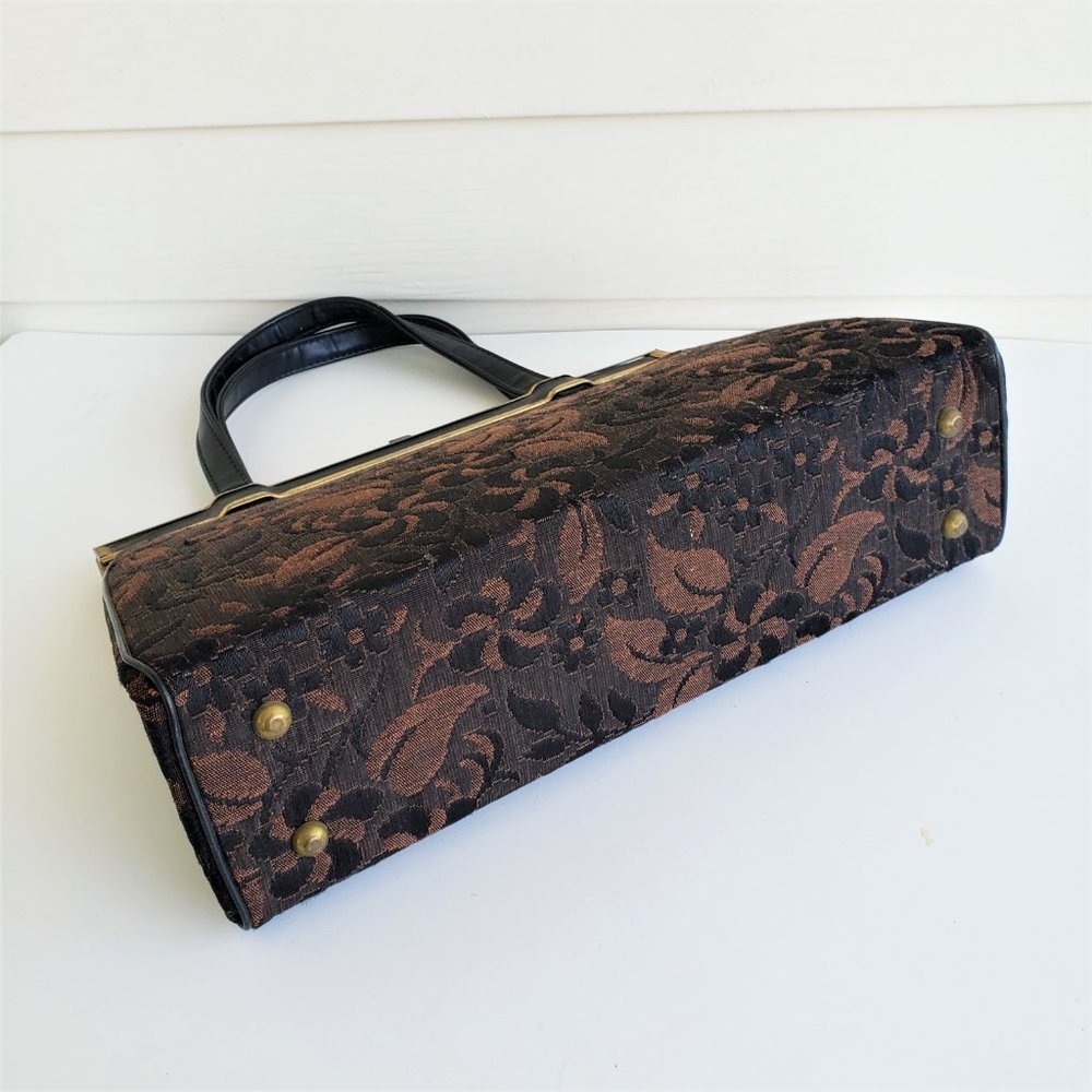 Vintage 50s/60s Brown Floral Tapestry Leather Top Handle Handbag - Picture 10 of 11